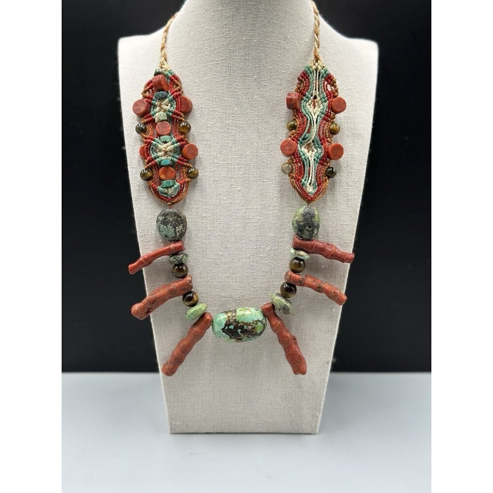 Vintage Tibetan Statement Necklace Red Coral Turquoise Textile Woven Cord